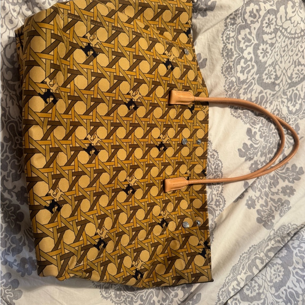 Tory Burch Mustard Pattern Tote with Tan Leather Handles